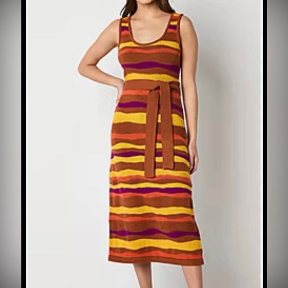 Worthington Brown, Yellow & Pink Striped Sleeveless Midi Dress